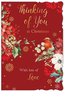 Thinking Of You Christmas Card - Red with Robin Poinsettia & Gold Foil 7.5x5.25