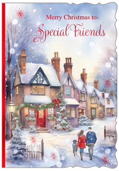 Special Friends Christmas Card - Couple & Dog in Snowy Street Red Foil 7.5x5.25"