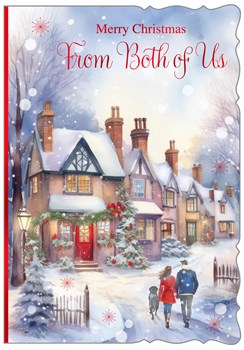 From Both Of Us Christmas Card - Couple & Dog in Snowy Street with Foil 7.5x5.25