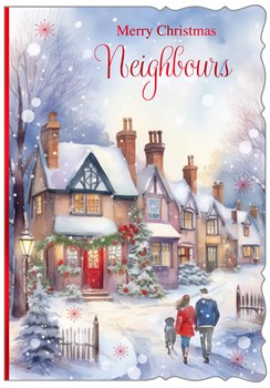 Neighbours Christmas Card - Couple & Dog in Snowy Street with Red Foil 7.5x5.25"