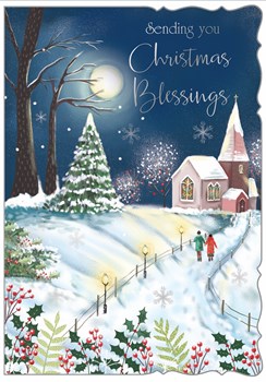 Religious Christmas Card - Couple walking to Church at Night with Foil 7.25x5.5" Religious Christmas Card - Couple walking to Church at Night with Foil 7.25x5.5"