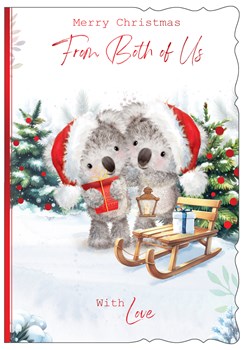 From Both Of Us Christmas Card - Koala Bears with Sleigh and Red Foil 7.5x5.25"