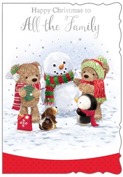 To All The Family Christmas Card - Bears Penguin & Dog with Snowman 7.5x5.25"
