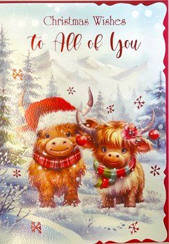 To All of You Christmas Card - Highland Cows in Snow with Red Foil 7.75x5.25"