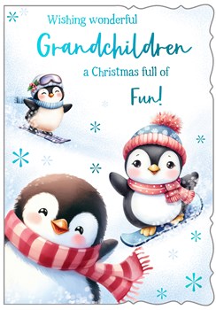 Grandchildren Christmas Card - Penguins on Snowboards with Blue Foil 7.5x5