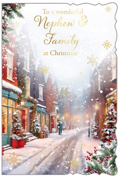 Nephew & Family Christmas Card - Traditional Snowy Street at Christmas Foil 9x6"