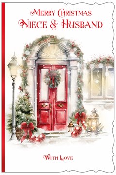 Niece & Husband Christmas Card - Wreath on Door Xmas Trees Lantern & Foil 9x6"