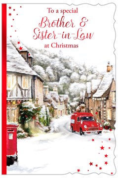 Brother and Sister in Law Christmas Card - Red Post Box & Van in Street 9x6"