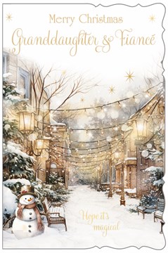 Granddaughter & Fiance Christmas Card - Snowman in Street with Lights Foil 9x6"