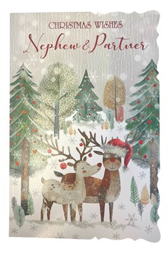 Nephew & Partner Christmas Card - Reindeer in Snowy Forrest and Red Foil 9x6.25"