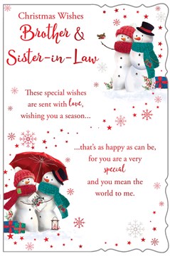 Brother & Sister-in-Law Christmas Card - Snowmen Couple with Verse Red Foil 9x6"
