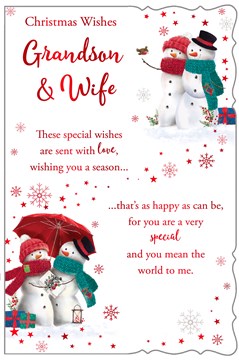 Grandson & Wife Christmas Card - Snowmen Couple Snowflakes Verse & Red Foil 9x6"