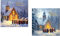 Pack of 12 Religious Square Christmas Cards with Gold Foil - Church at Night