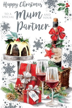 Mum & Partner Christmas Card - Christmas Pudding, Wine & Pinecones 9" x 6"