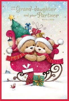 Granddaughter & Partner Christmas Card - Bears in Santa Hat and Sleigh 7.5x5.5