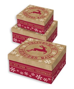 Set Of 3 Large Christmas Square Nested Gift Boxes - Modern Delivered by Reindeer Set Of 3 Large Christmas Square Nested Gift Boxes - Modern Delivered by Reindeer