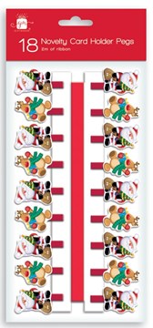 Pack Of 18 Novelty Christmas Card Holder Pegs With Red Ribbon - Santa & Rudolph