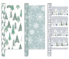12m (3x4m) Christmas Gift Wrapping Paper - White Green Nordic Trees Houses