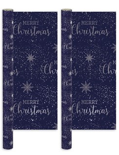 8m (2x4m) Gift Wrapping Paper - Navy Blue Silver Snowflakes Merry Christmas