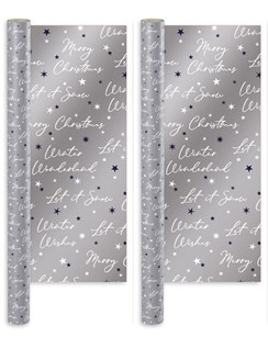 8m (2 x 4m) Christmas Gift Wrapping Paper - Silver with White Writing Blue Star
