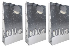 Pack of 3 Double Bottle Gift Bags with Handle & Tag - Penguins Arctic Skies