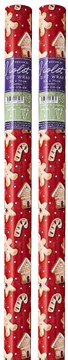 6m (2 x 3m) Christmas Gift Wrapping Paper - Red with Gingerbread Men Houses