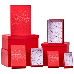 Set Of 10 Oblong Nested Gift Boxes - Red with Gold Foil Merry Christmas and Star