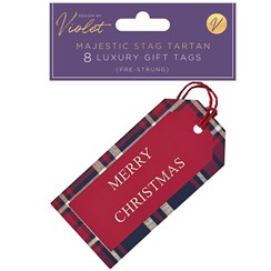 Pack of 8 Pre Strung Gift Tags - Gold Foil Merry Christmas with Tartan Border