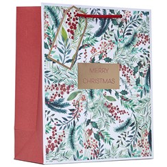 Medium Christmas Gift Bag - Rope Handle & Tag Scenic Holly Gold Foil 10x8.5"