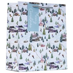 Medium Christmas Gift Bag - Rope Handle & Tag Scenic Alpine Ski Village 10x8.5"