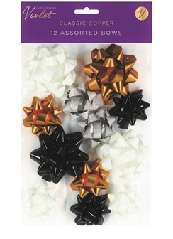 Pack of 12 Christmas Gift Bows - Assorted Sizes - Copper White Black Silver