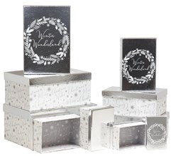 Set Of 10 Oblong Christmas Nested Gift Boxes - White & Silver Winter Wonderland