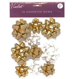 Pack of 10 Christmas Gift Bows - Assorted Sizes - Gold & White Metallic Glitter Pack of 10 Christmas Gift Bows - Assorted Sizes - Gold & White Metallic Glitter
