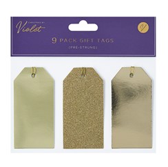 Pack of 9 Pre Strung Christmas Glitter and Foil Gift Tags - Gold Pack of 9 Pre Strung Christmas Glitter and Foil Gift Tags - Gold