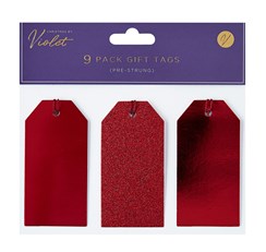 Pack of 9 Pre Strung Christmas Glitter and Foil Gift Tags - Red