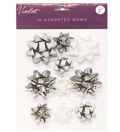 Pack of 10 Christmas Gift Bows - Assorted Sizes - Silver White Metallic Glitter
