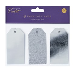 Pack Of 9 Pre Strung Christmas Glitter and Foil Gift Tags - Silver