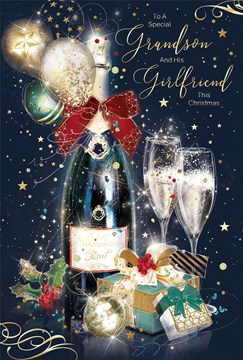 Grandson & Girlfriend Christmas Card - Champagne Bottle & Glasses 9x6"