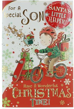 Son Christmas Card & Badge - Boy On A Bike With Gifts & Gold Foil  9" x 6"