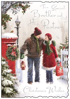 Jonny Javelin Brother & Partner Christmas Card - Couple & Red Postbox 9" x 6.25"
