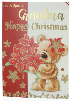 Grandma Christmas Card - Bear with Poinsettia Gold Glitter and Foil 7.5x5.25"