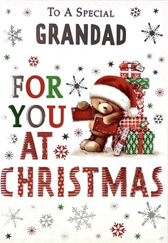 Grandad Christmas Card - Santa Bear with Red and Green Presents & Foil 7.5x5.25"