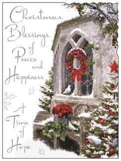Jonny Javelin Open Christmas Card - Church Window, Wreath & Trees 7.25" x 5.5"