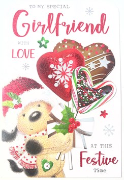 Girlfriend Christmas Card - Bear in Santa Hat with Lollipop Glitter & Foil 9x6"