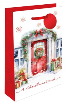 Small Christmas Gift Bag - Wreath on Red Door with Red Foil Finish & Tag 8x5"