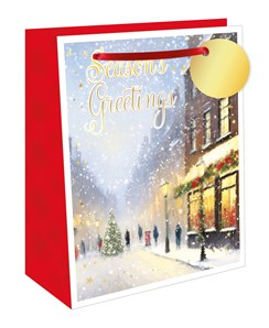Medium Gift Bag - Christmas Tree in Snowy Street with Lantern and Shop 10x8.5