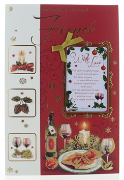 Fiance Christmas Card - Crackers, Pinecones & Wine with Foil & Glitter 9" x 6"