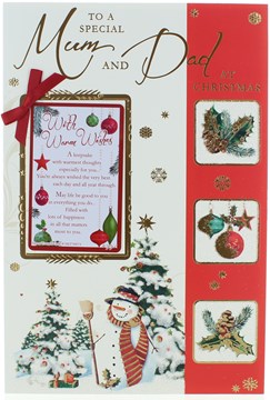 Mum & Dad Christmas Card - Snowman Trees & Baubles with Glitter & Foil 9x6"