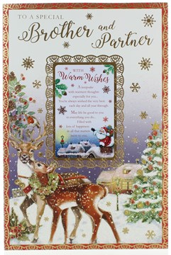 Brother & Partner Christmas Card - Reindeers in Snow with Glitter & Foil 9x6"
