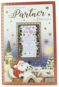 Partner Christmas Card - Santa Delivering Gifts to Village with Glitter 9 x 6" Partner Christmas Card - Santa Delivering Gifts to Village with Glitter 9 x 6"